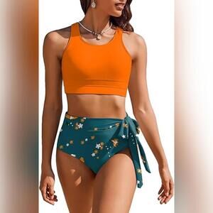 NWT AI'MAGE 2 Piece Modest Racerback High Waisted Tummy Control Swimsuit, XL